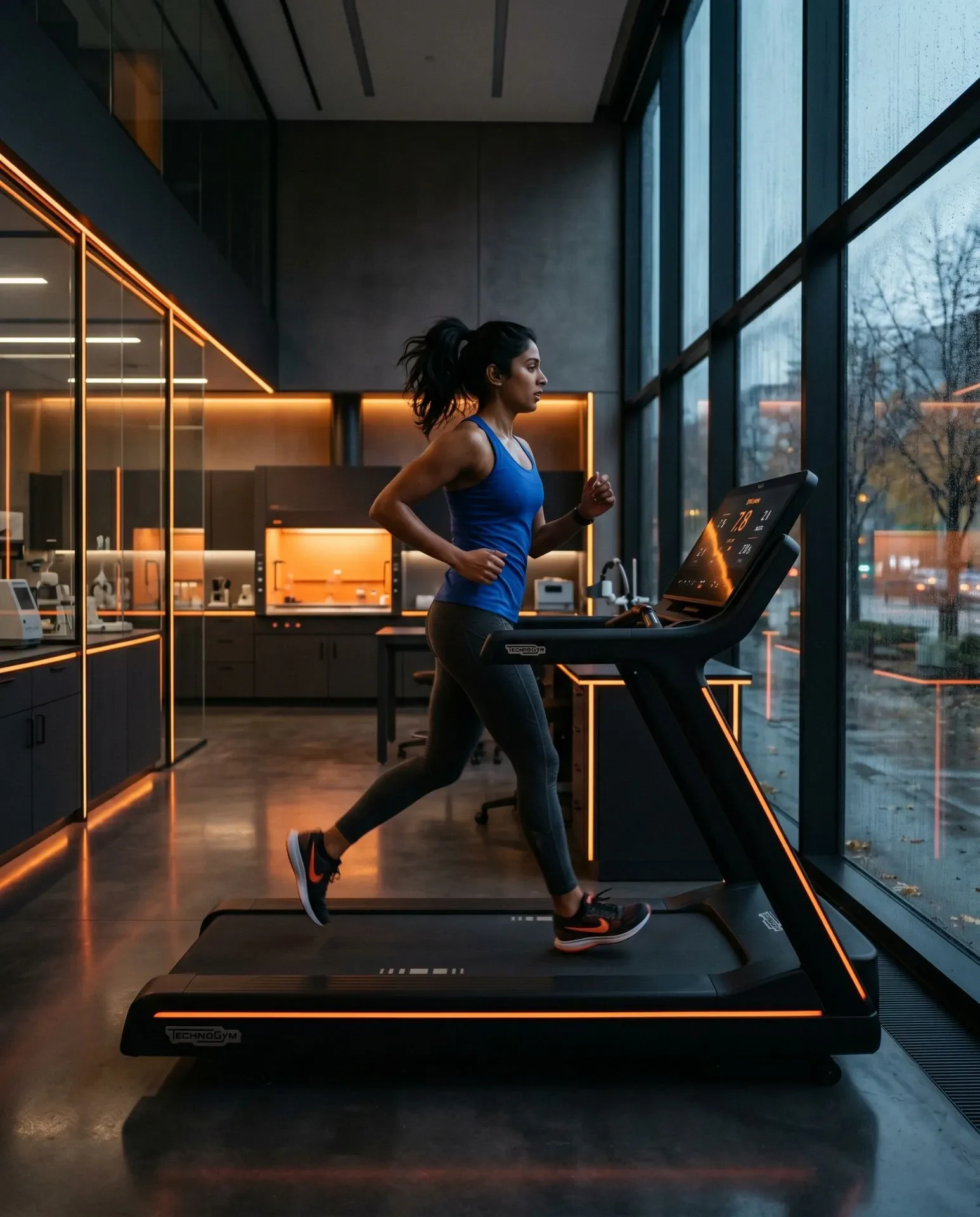 Clinical research participant running on a treadmill in a modern lab